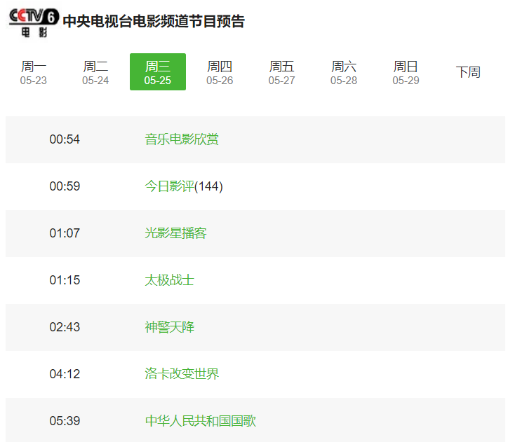 中央电影频道CCTV-6今日节目表