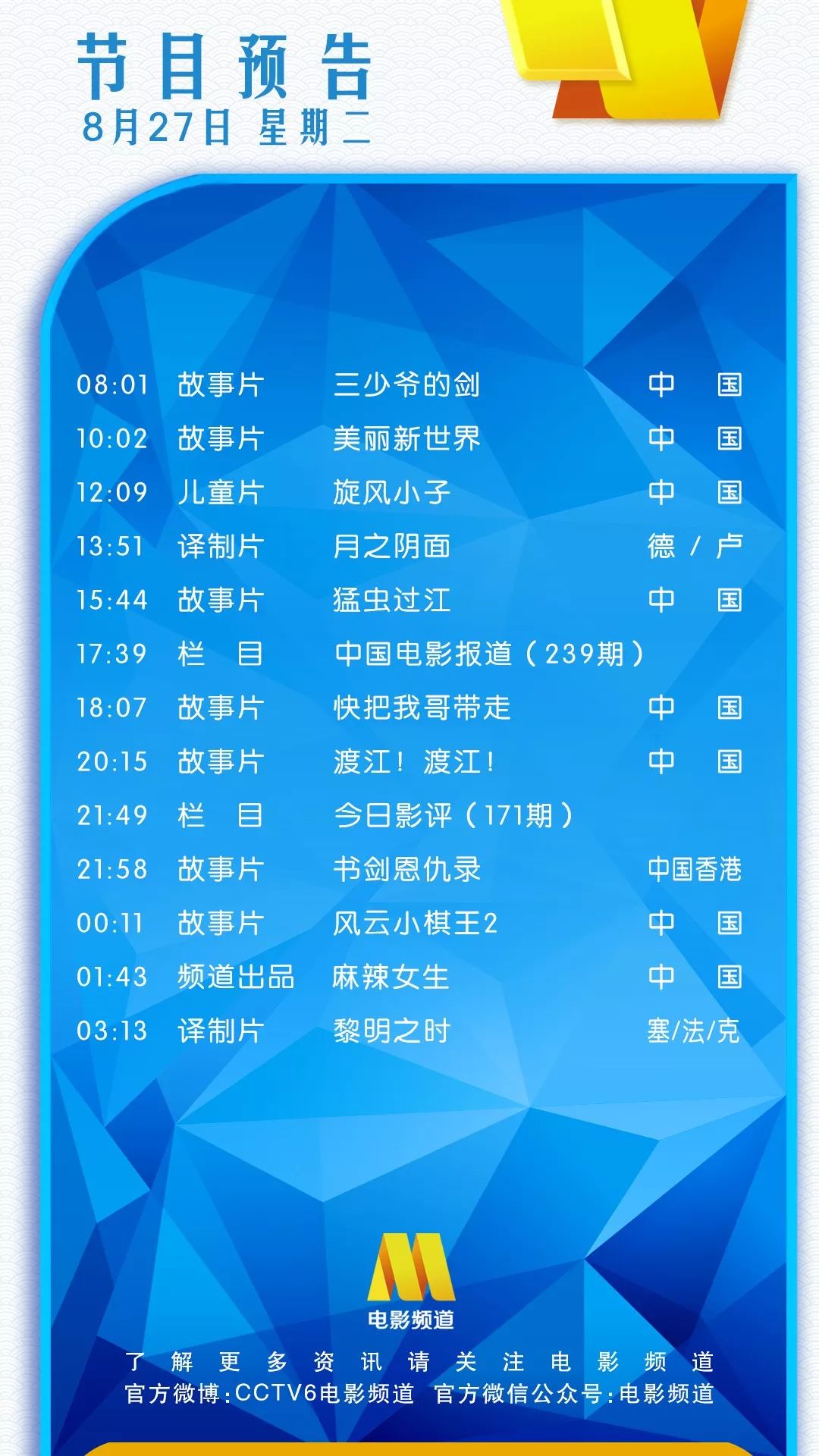 中央电影频道CCTV-6今日节目表